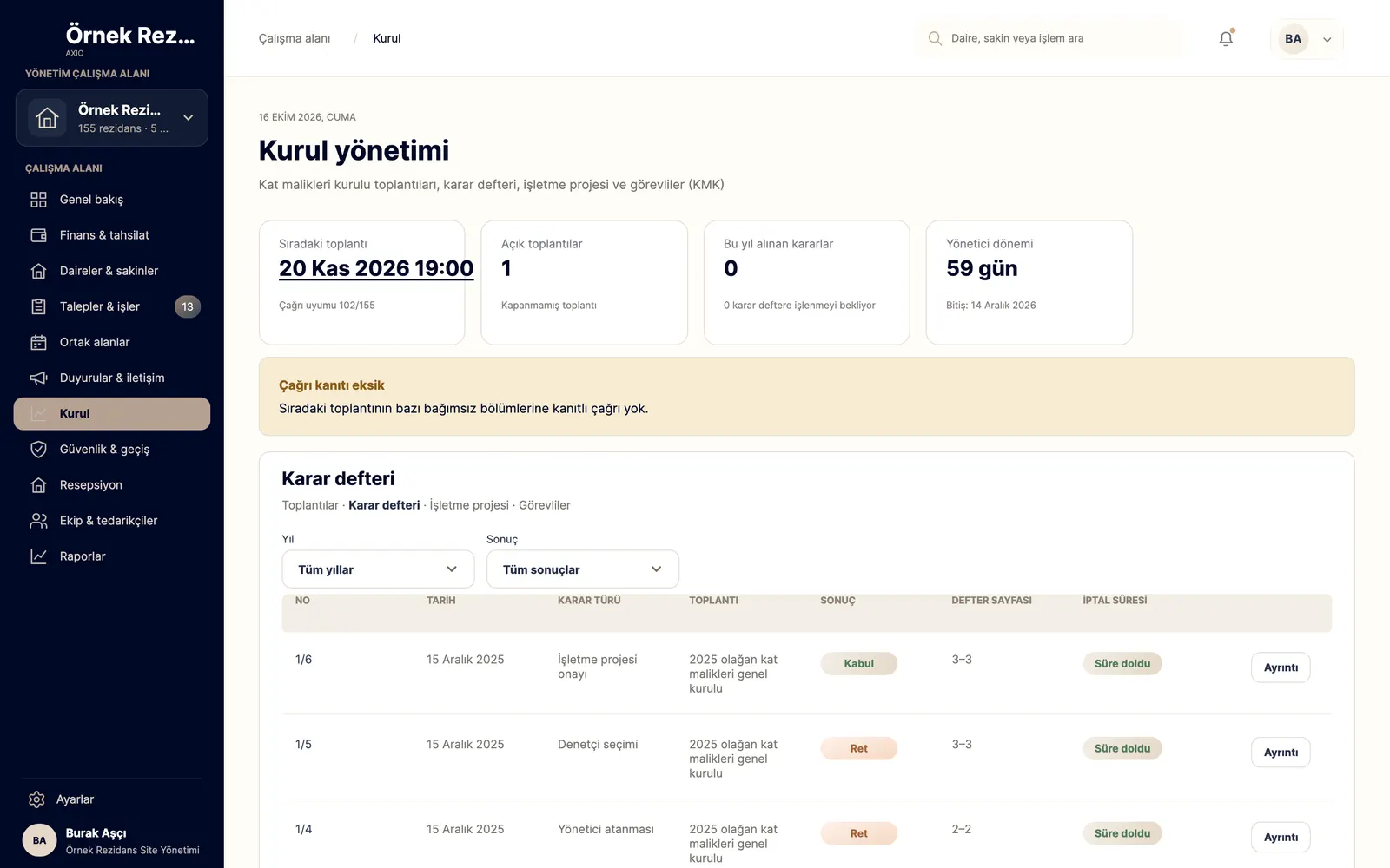 Board management screen (Turkish UI): next meeting, open meetings and manager term; the resolution book table.