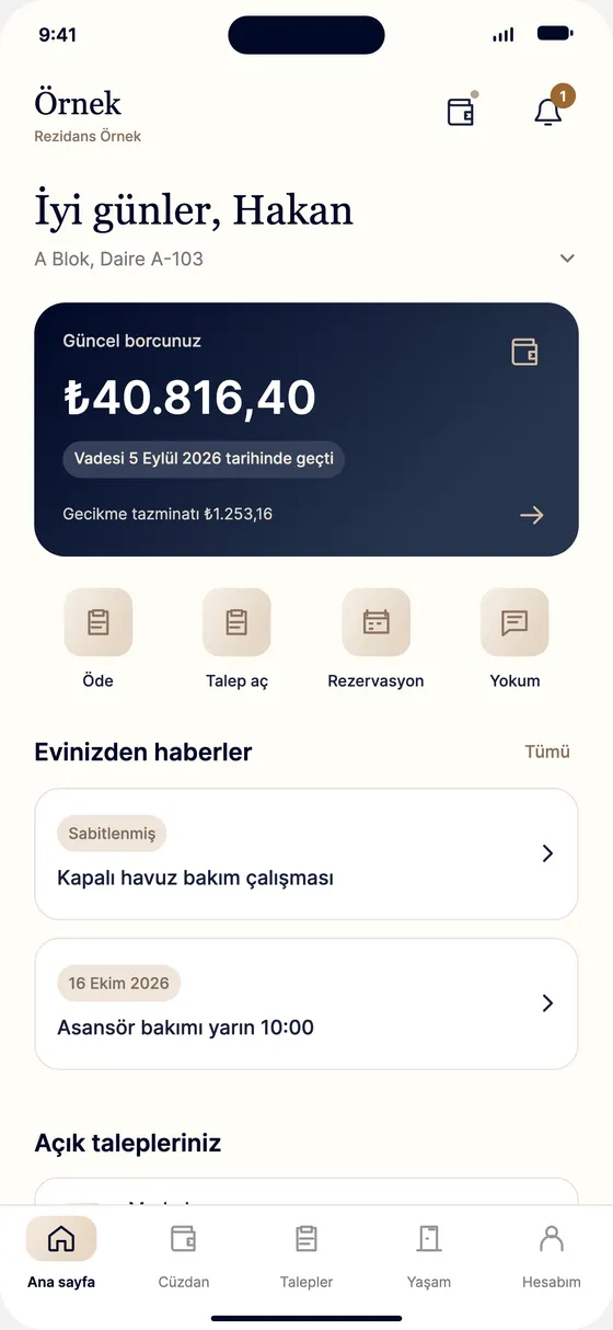 Resident app home (Turkish UI): current balance card, shortcuts to pay, open a request and book, and site news.