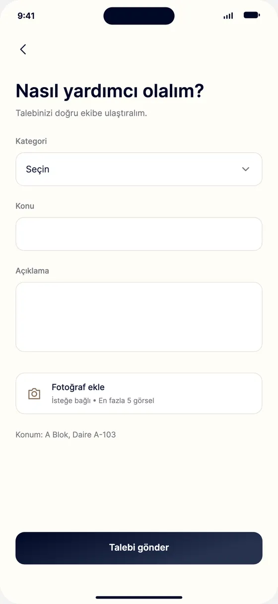 Resident app new request form (Turkish UI): category, subject, description and add photo.