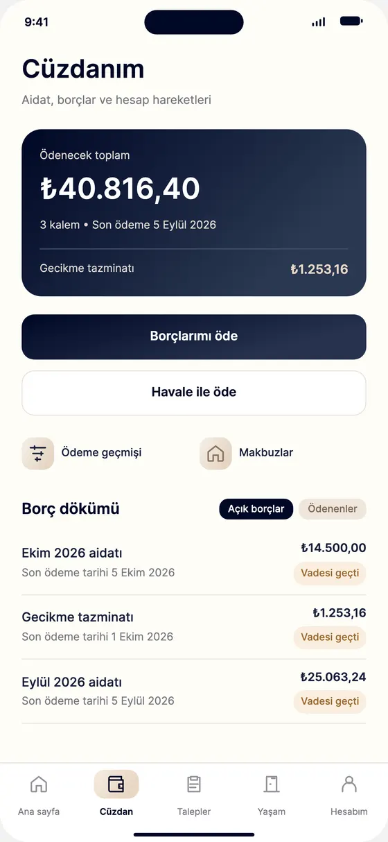 Resident app wallet (Turkish UI): total due, pay by card and pay by bank transfer buttons, breakdown of charges.
