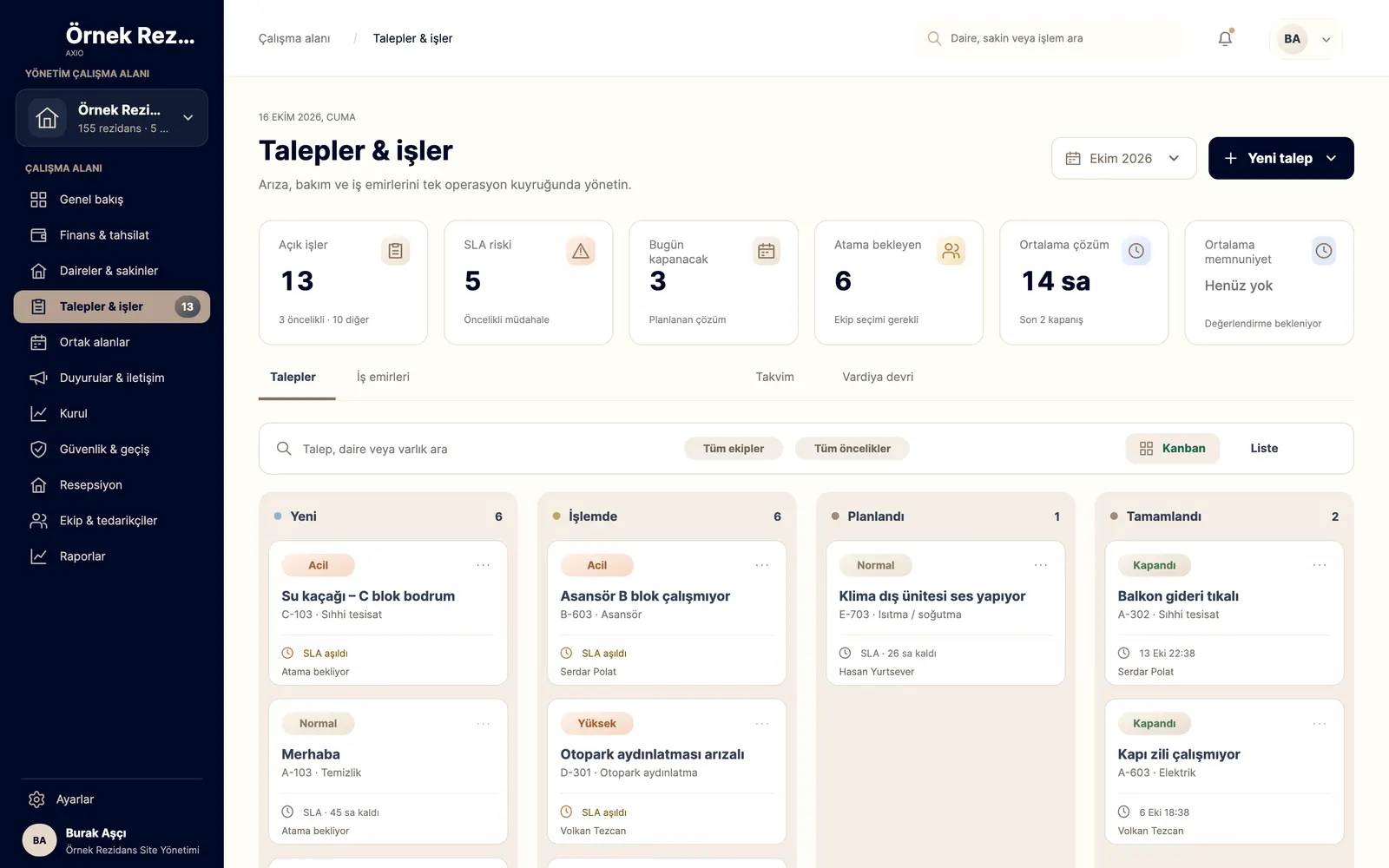 Requests and work screen (Turkish UI): open work, SLA risk and awaiting assignment; a kanban board with New, In progress, Planned and Done columns.